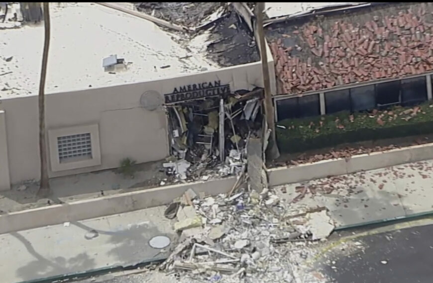 Explosion at Palm Springs Fertility Clinic Kills 1, Injures 4 (Photo: Debris covers the ground after an explosion on Saturday, May 17, 2025 in Palm Springs, Calif. (ABC7 Los Angeles via AP)