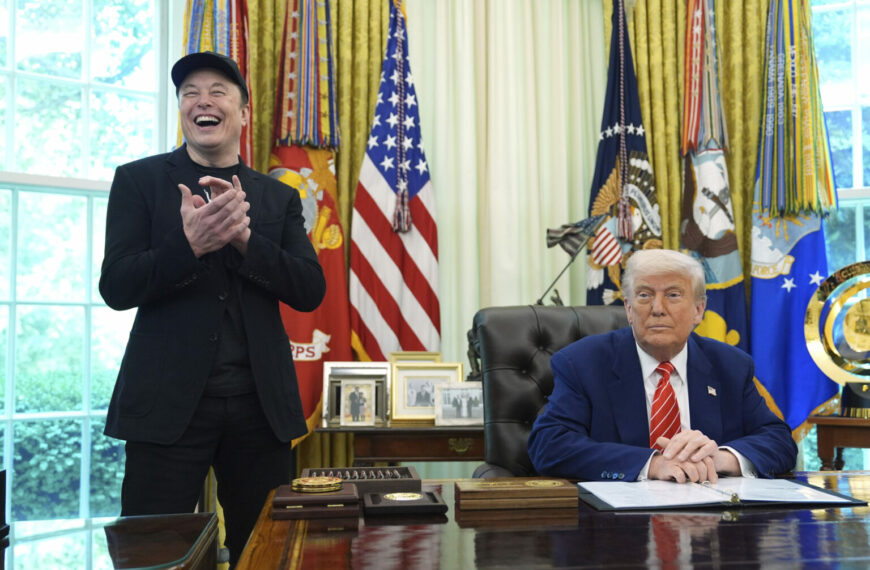 Elon Musk Appears With Black Eye During White House Farewell (Photo: President Donald Trump, right, and Elon Musk attend a news conference in the Oval Office of the White House, Friday, May 30, 2025, in Washington. (AP Photo/Evan Vucci)