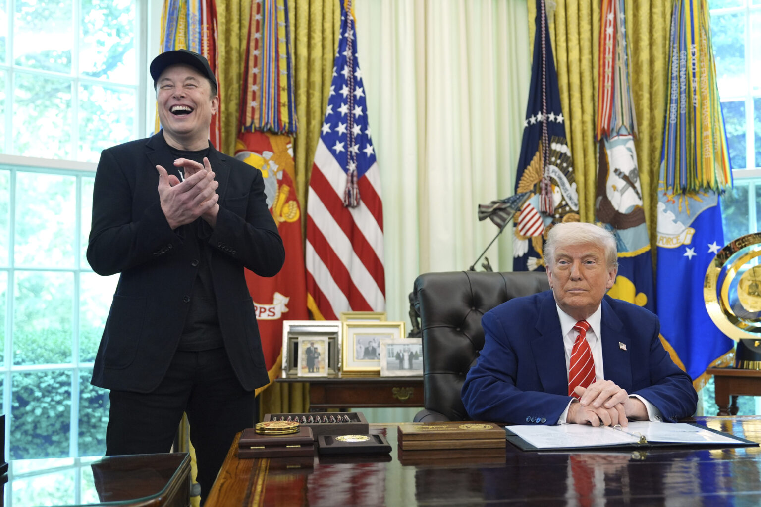 Elon Musk Appears With Black Eye During White House Farewell (Photo: President Donald Trump, right, and Elon Musk attend a news conference in the Oval Office of the White House, Friday, May 30, 2025, in Washington. (AP Photo/Evan Vucci)