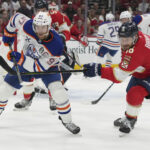Panthers Win 3rd Game In Stanley Cup Finals (Photo: Florida Panthers center Aleksander Barkov (16) defends Edmonton Oilers center Connor McDavid (97) during the first period of Game 3 of the NHL Stanley Cup final Monday, June 9, 2025, in Sunrise, Fla. (AP Photo/Lynne Sladky)