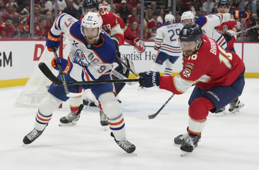 Panthers Win 3rd Game In Stanley Cup Finals (Photo: Florida Panthers center Aleksander Barkov (16) defends Edmonton Oilers center Connor McDavid (97) during the first period of Game 3 of the NHL Stanley Cup final Monday, June 9, 2025, in Sunrise, Fla. (AP Photo/Lynne Sladky)