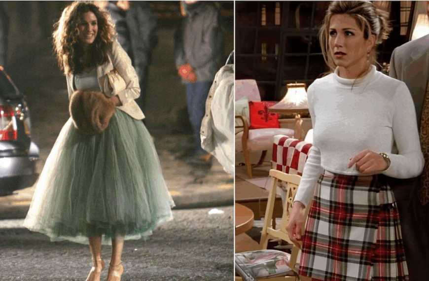 Carrie Bradshaw and Rachel Green in their iconic scirts inspiring trending TV fashion looks.